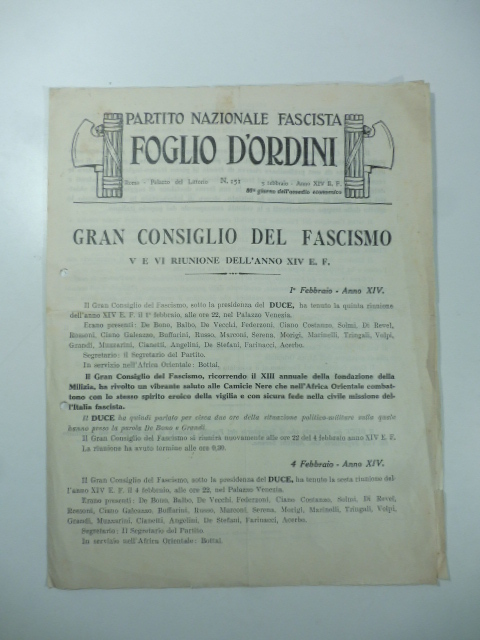 Partito nazionale fascista. Foglio d'ordini. Gran Consiglio del Fascismo, anno XIV